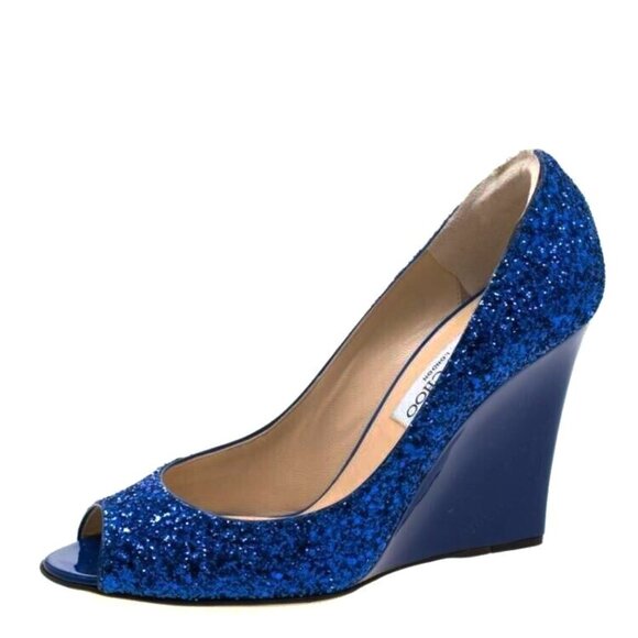 JIMMY CHOO Wedge Heels Blue Glitter BELLO Peep Toe Pumps Size 37.5 - Picture 1 of 9